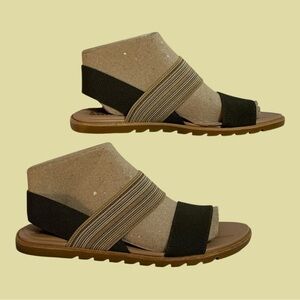 Sorel Ella Flat Sandals in Olive Beige Striped Elastic Stretch Bands Sling Sz 8